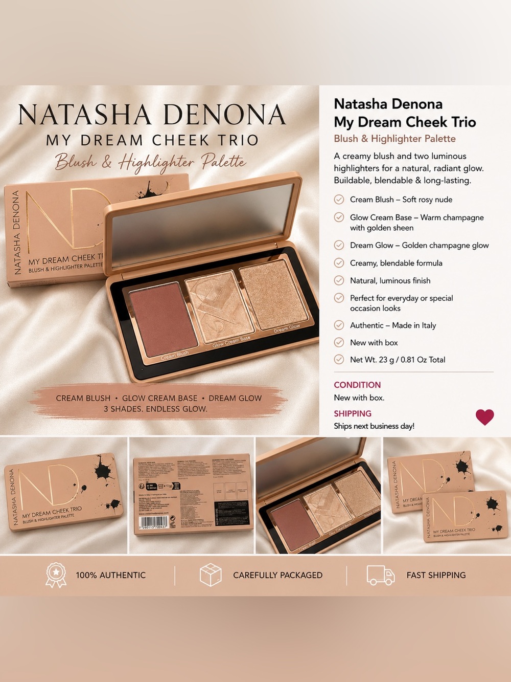 Natasha Denona My Dream Cheek Trio Blush & Highlighter Palette NEW IN BOX